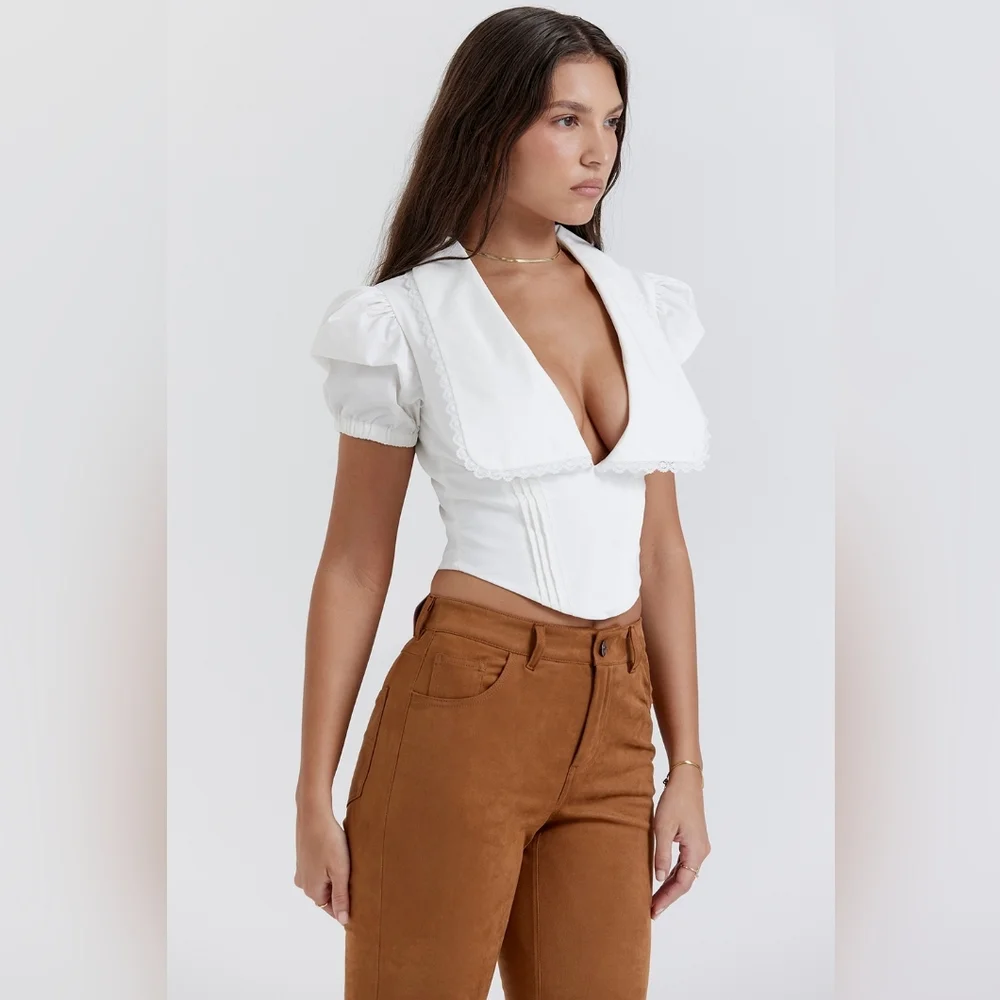 NWT House of CB Augusta white pin tuck top plunge‎ blouse top M